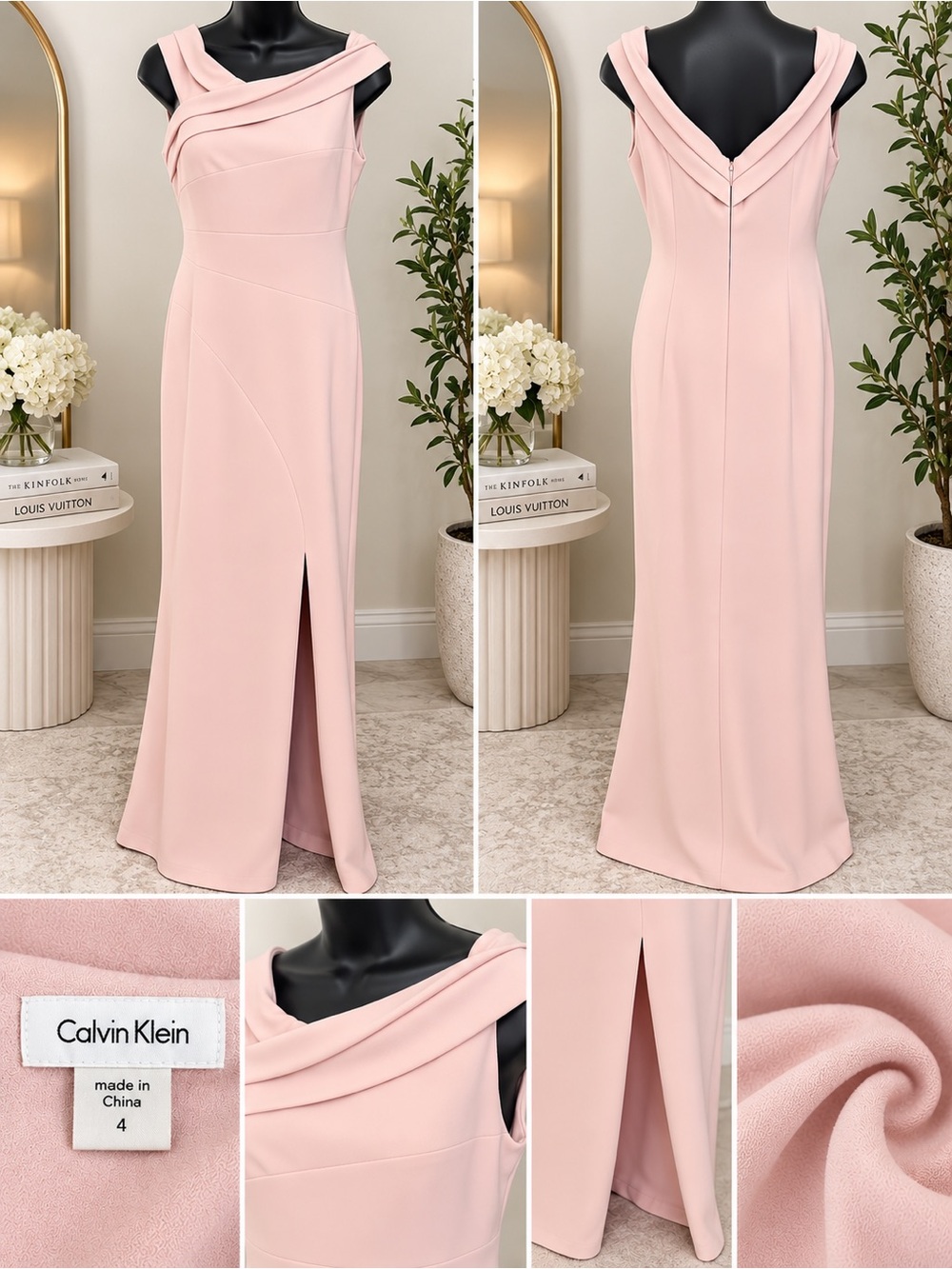 Calvin Klein Dusty Blush Pink Sleeveless Maxi Gown with Draped V-Neck